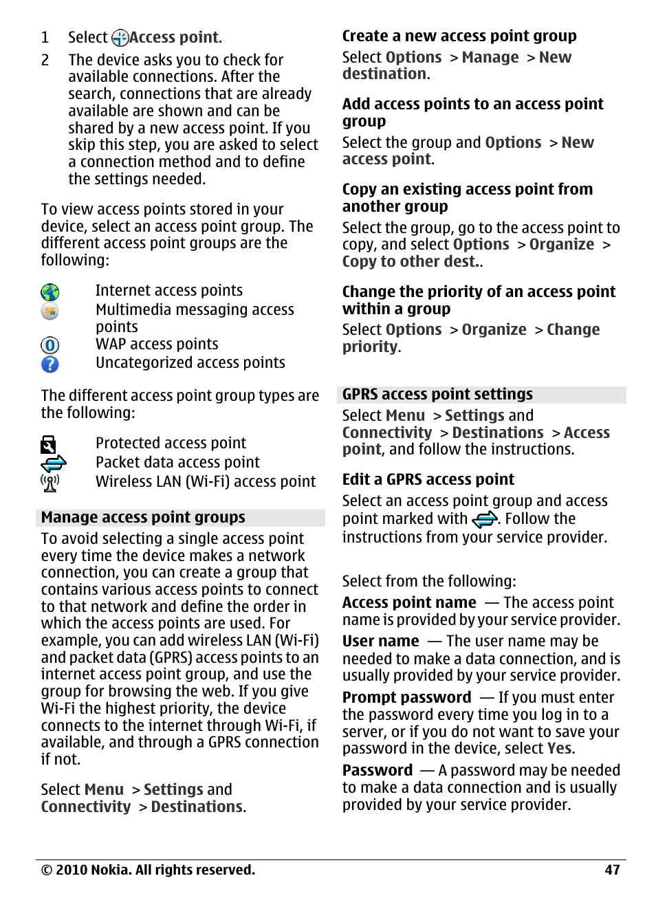 Manage access point groups, Gprs access point settings | Nokia C6-00 User Manual | Page 47 / 112