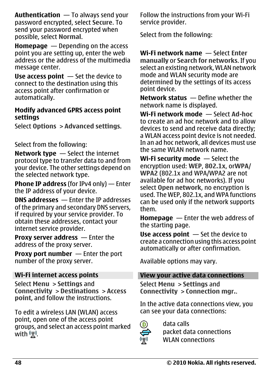Wi-fi internet access points, View your active data connections | Nokia C6-00 User Manual | Page 48 / 112