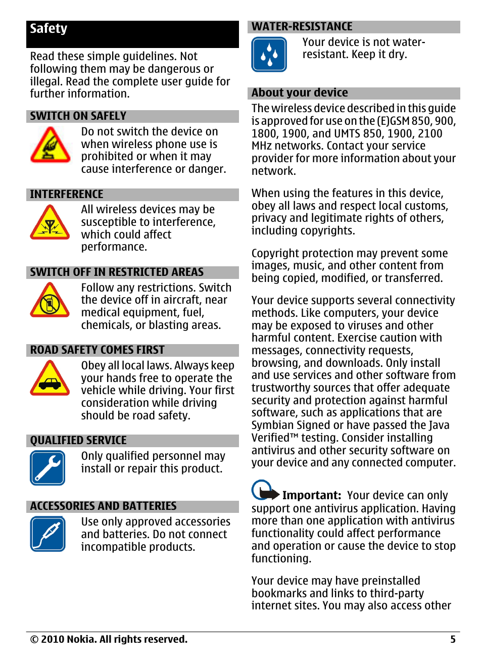 Safety, Switch on safely, Interference | Switch off in restricted areas, Road safety comes first, Qualified service, Accessories and batteries, Water-resistance, About your device | Nokia C6-00 User Manual | Page 5 / 112