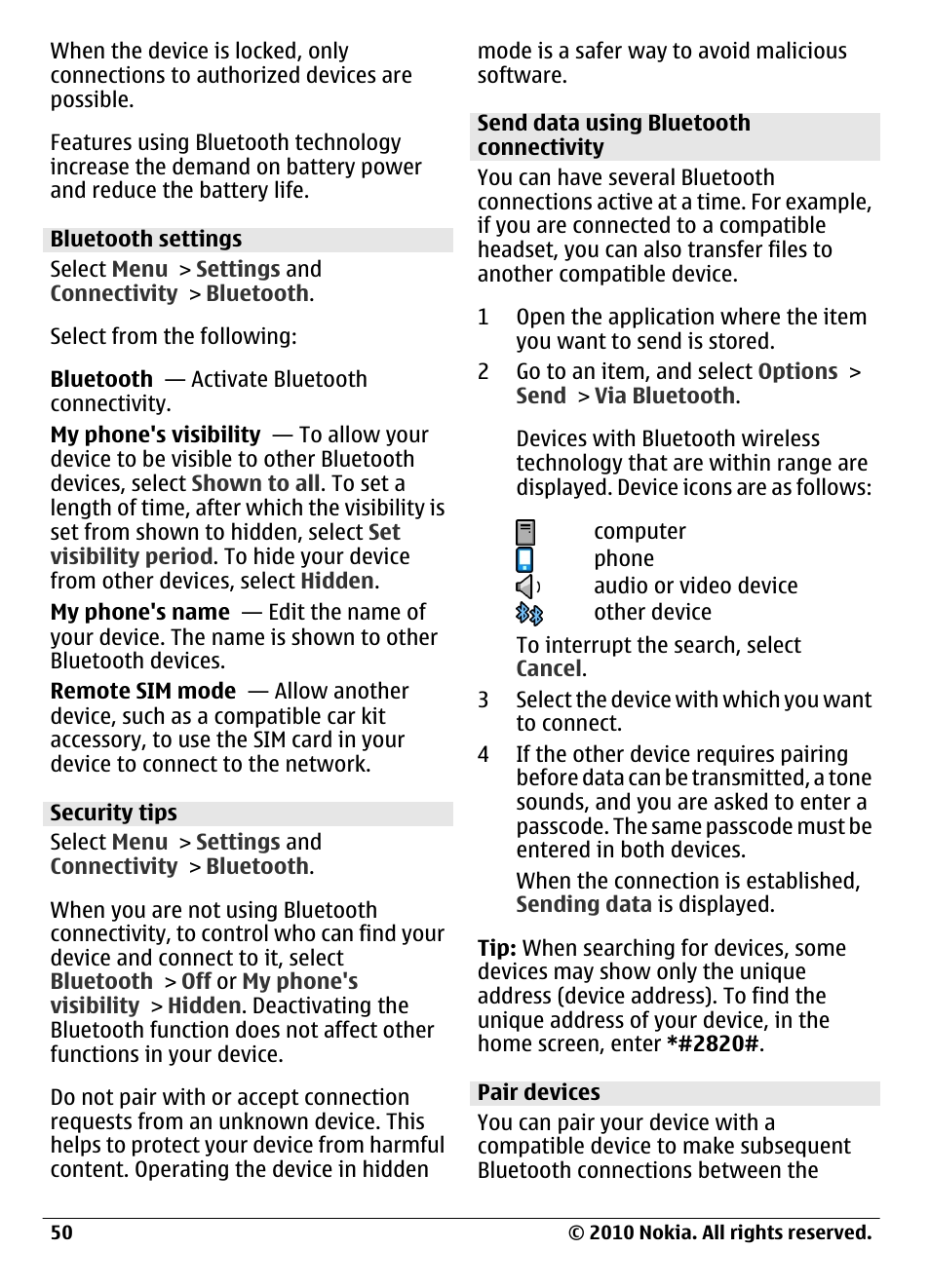 Bluetooth settings, Security tips, Send data using bluetooth connectivity | Pair devices | Nokia C6-00 User Manual | Page 50 / 112