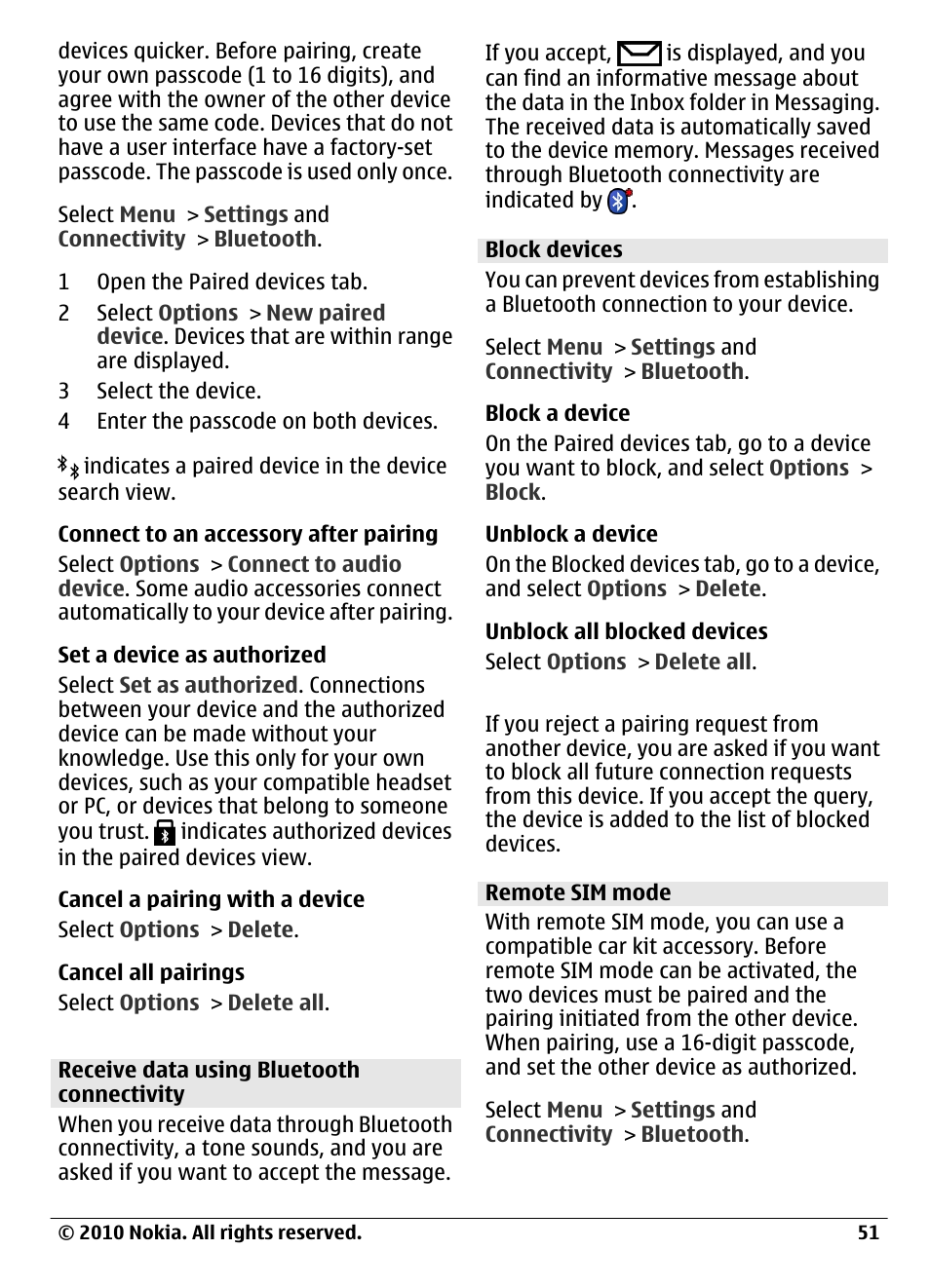 Receive data using bluetooth connectivity, Block devices, Remote sim mode | Nokia C6-00 User Manual | Page 51 / 112