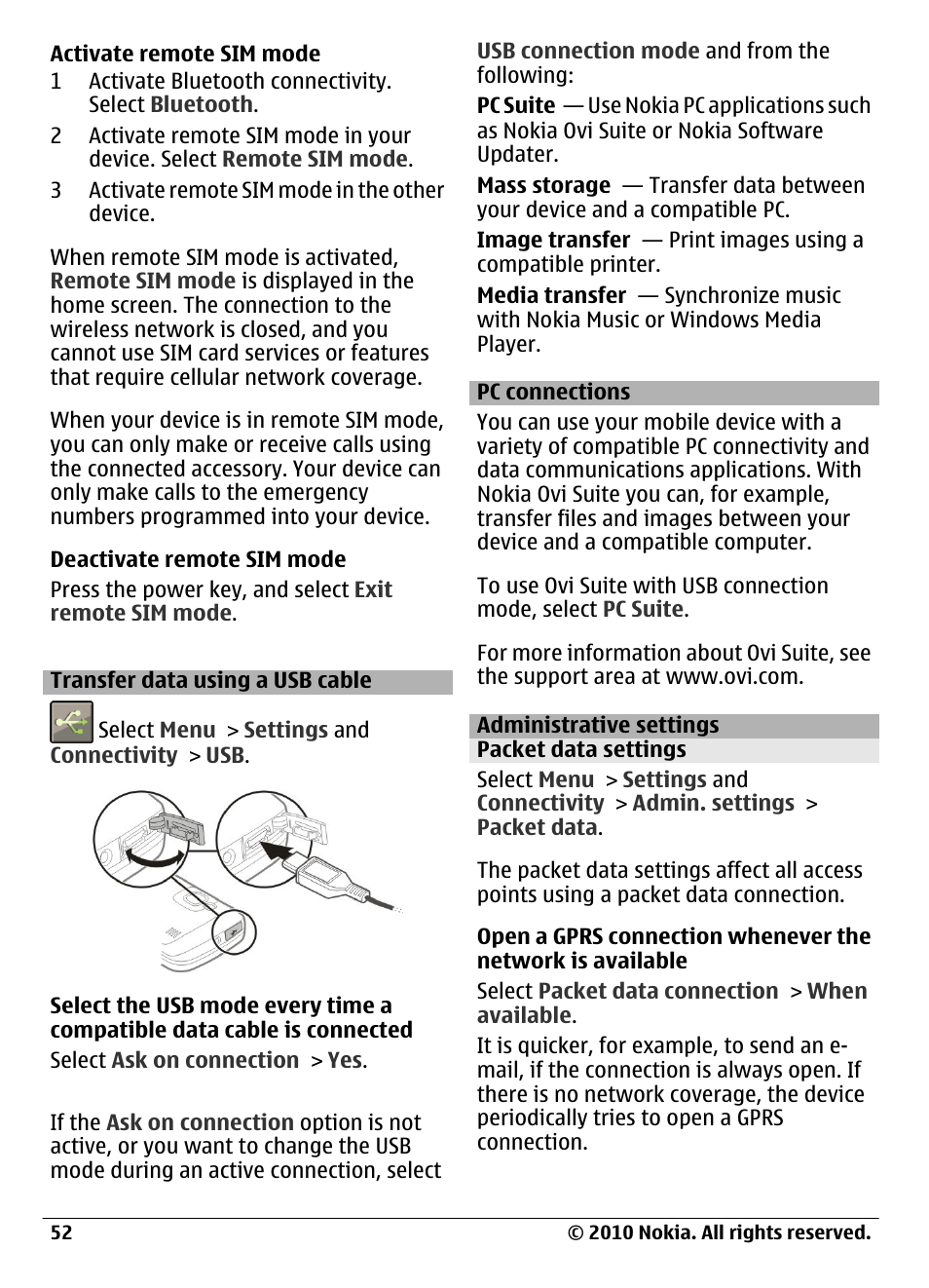 Transfer data using a usb cable, Pc connections, Administrative settings | Packet data settings | Nokia C6-00 User Manual | Page 52 / 112