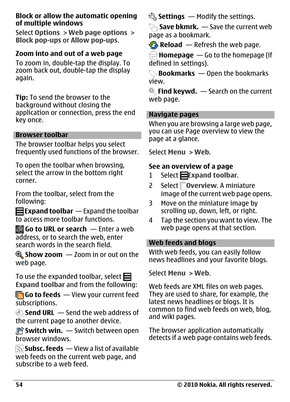 Browser toolbar, Web feeds and blogs | Nokia C6-00 User Manual | Page 54 / 112
