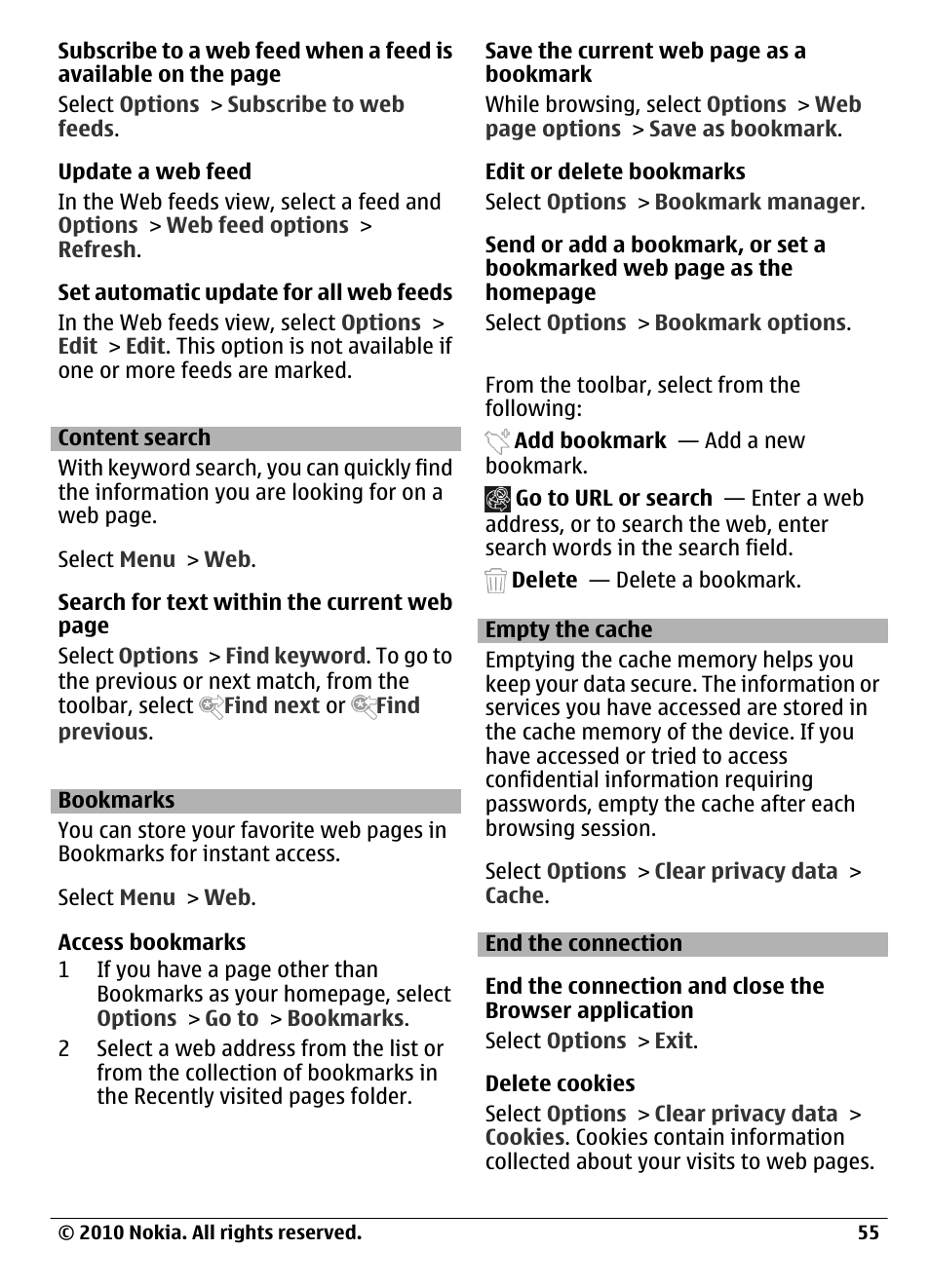 Content search, Bookmarks, Empty the cache | End the connection | Nokia C6-00 User Manual | Page 55 / 112