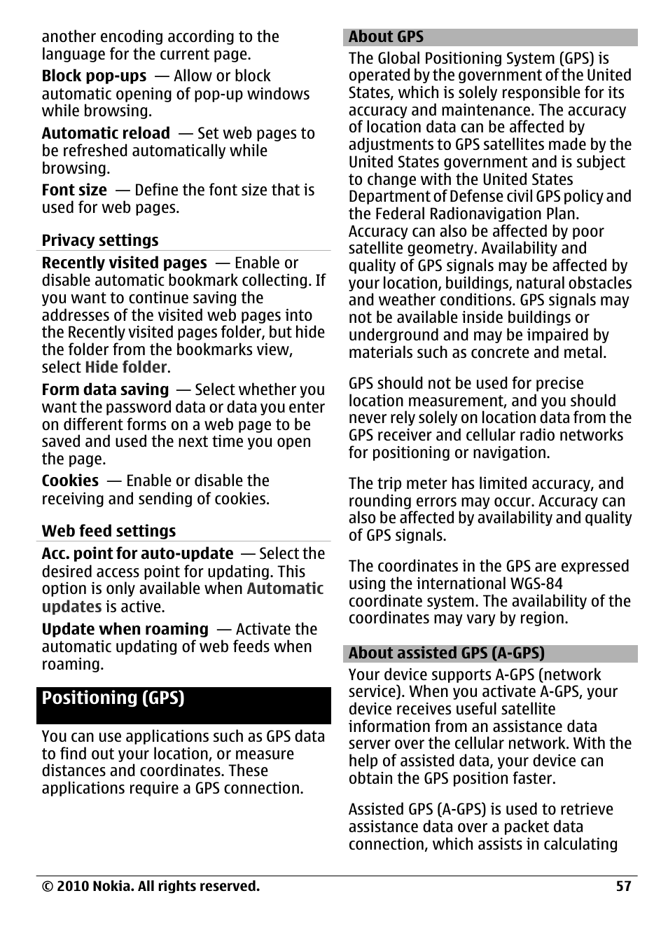 Positioning (gps), About gps, About assisted gps (a-gps) | Nokia C6-00 User Manual | Page 57 / 112