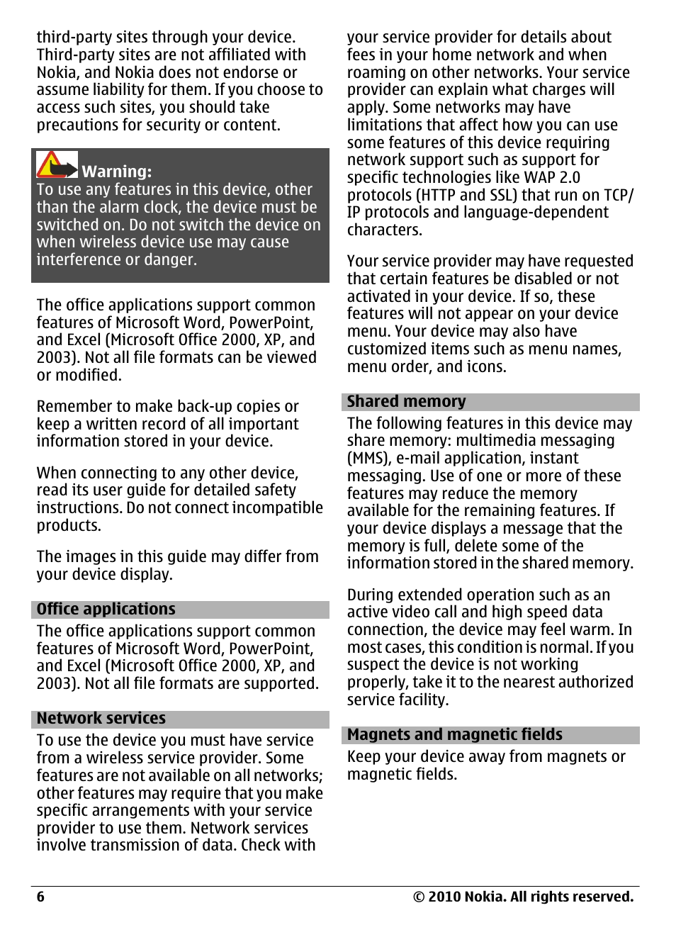 Office applications, Network services, Shared memory | Magnets and magnetic fields | Nokia C6-00 User Manual | Page 6 / 112