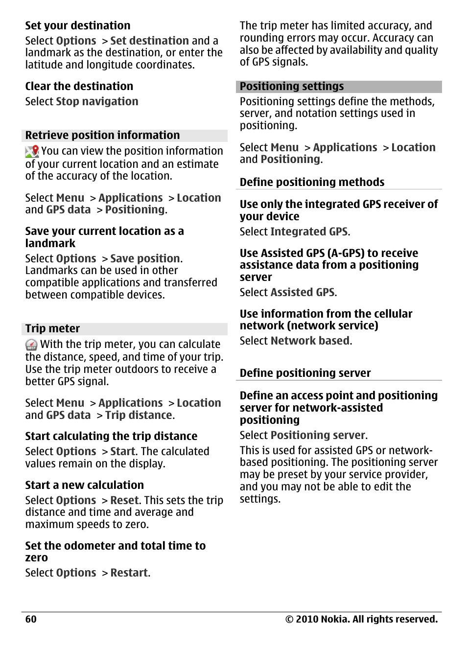 Retrieve position information, Trip meter, Positioning settings | Nokia C6-00 User Manual | Page 60 / 112