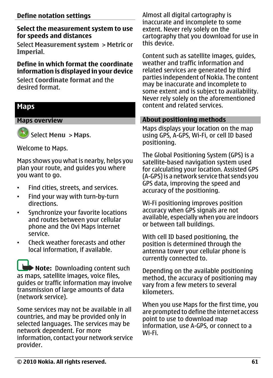 Maps, Maps overview, About positioning methods | Nokia C6-00 User Manual | Page 61 / 112