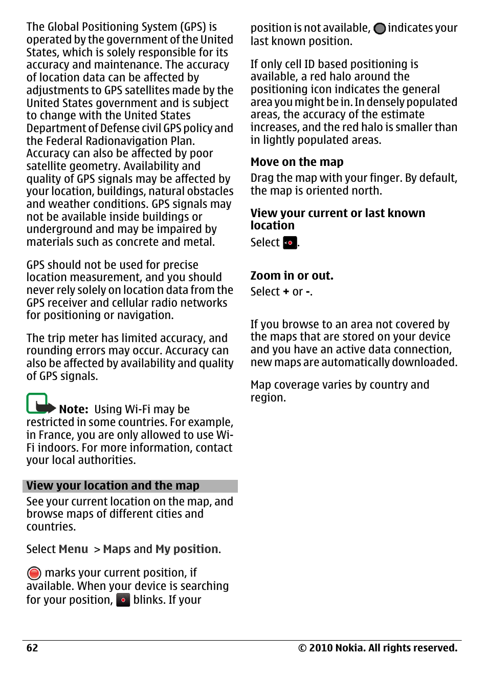 View your location and the map | Nokia C6-00 User Manual | Page 62 / 112