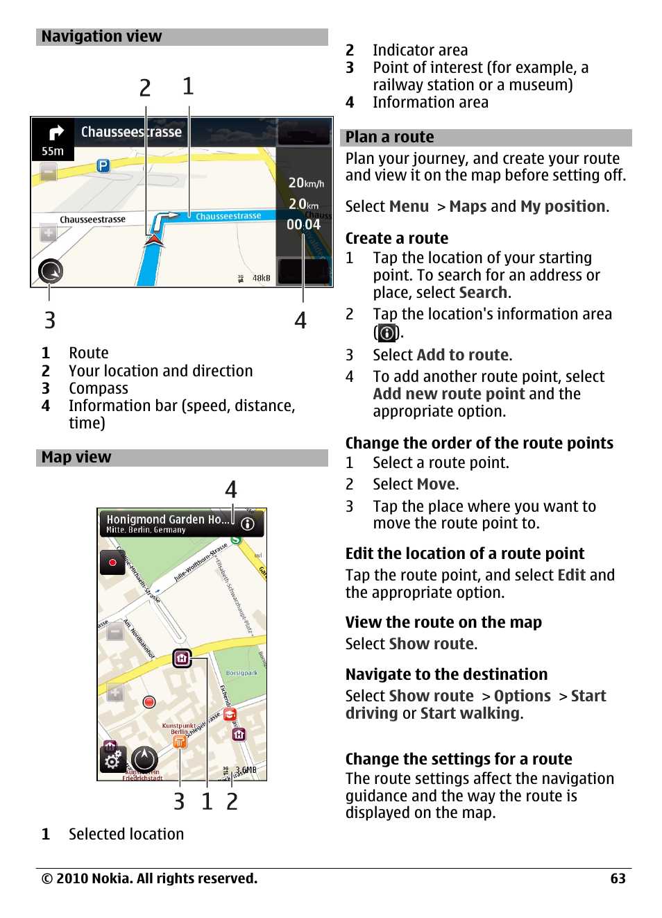 Navigation view, Map view, Plan a route | Nokia C6-00 User Manual | Page 63 / 112