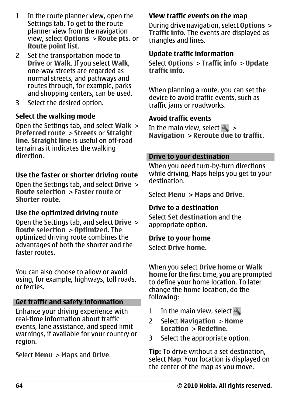 Get traffic and safety information, Drive to your destination | Nokia C6-00 User Manual | Page 64 / 112