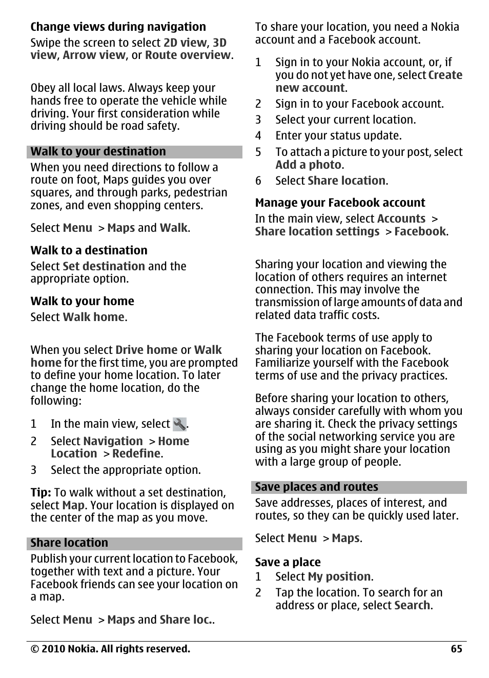 Walk to your destination, Share location, Save places and routes | Nokia C6-00 User Manual | Page 65 / 112