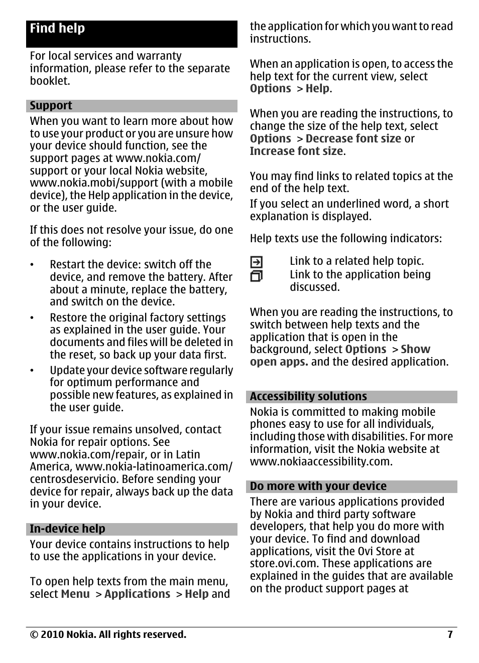 Find help, Support, In-device help | Accessibility solutions, Do more with your device | Nokia C6-00 User Manual | Page 7 / 112