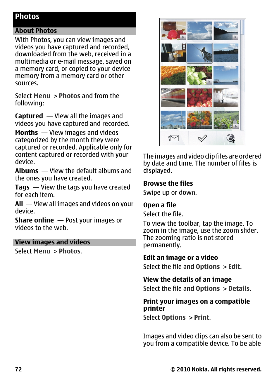 Photos, About photos, View images and videos | Nokia C6-00 User Manual | Page 72 / 112