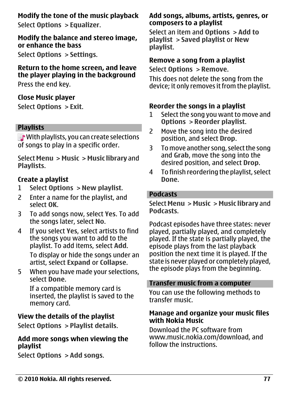 Playlists, Podcasts, Transfer music from a computer | Nokia C6-00 User Manual | Page 77 / 112