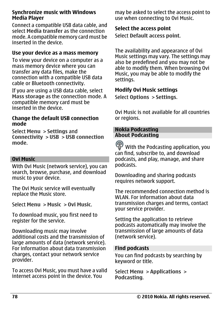 Ovi music, Nokia podcasting, About podcasting | Find podcasts | Nokia C6-00 User Manual | Page 78 / 112