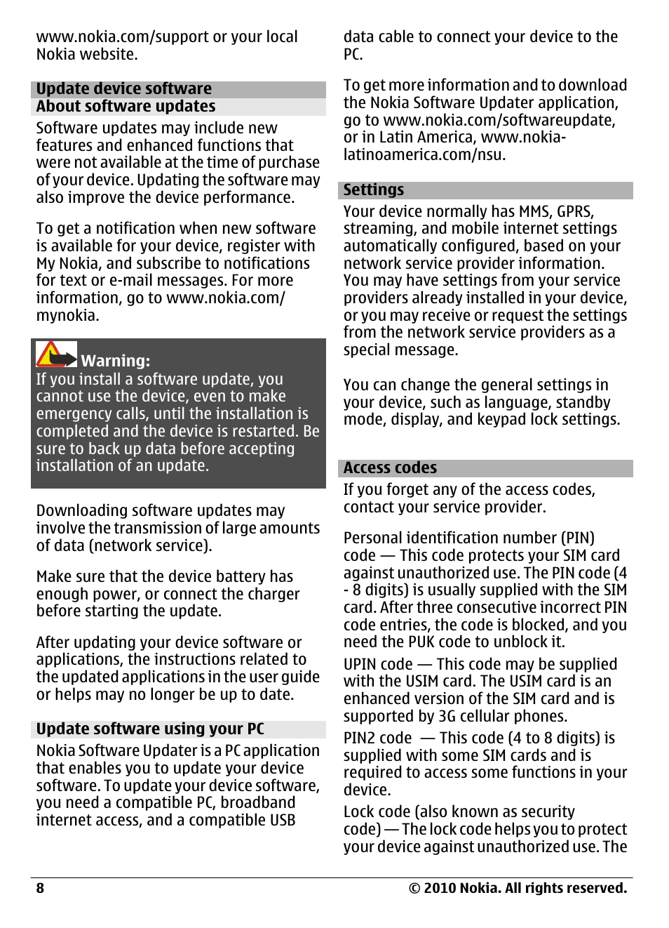 Update device software, About software updates, Update software using your pc | Settings, Access codes | Nokia C6-00 User Manual | Page 8 / 112