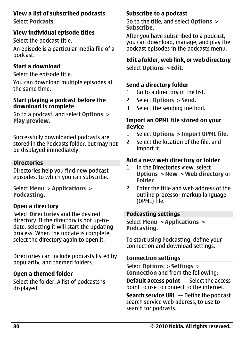 Directories, Podcasting settings | Nokia C6-00 User Manual | Page 80 / 112