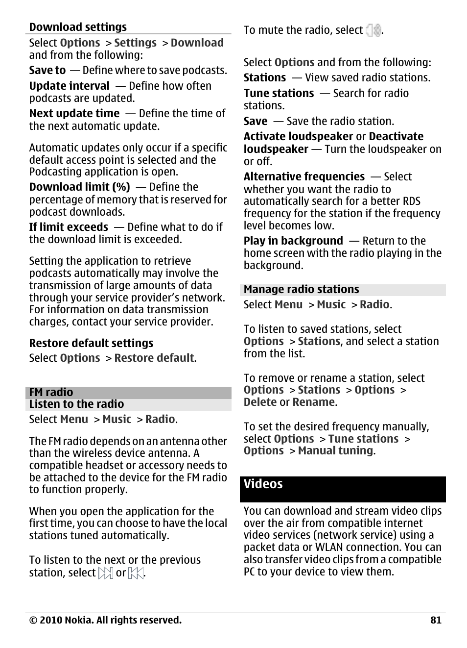 Fm radio, Listen to the radio, Manage radio stations | Videos | Nokia C6-00 User Manual | Page 81 / 112