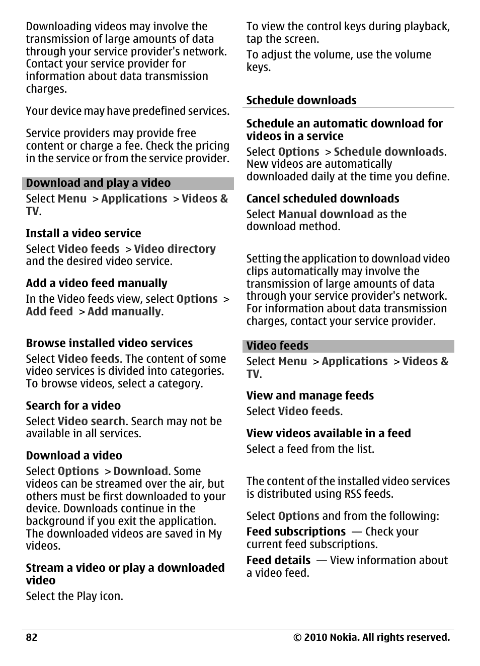 Download and play a video, Video feeds | Nokia C6-00 User Manual | Page 82 / 112