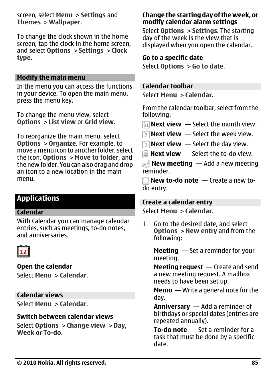 Modify the main menu, Applications, Calendar | Calendar views, Calendar toolbar, Create a calendar entry | Nokia C6-00 User Manual | Page 85 / 112