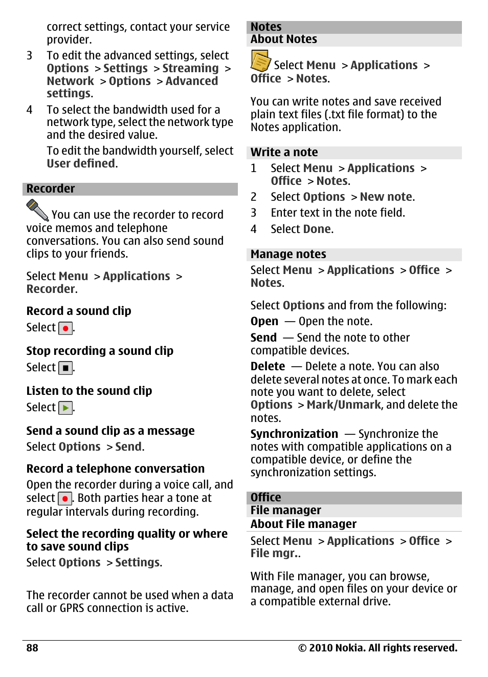 Recorder, Notes, About notes | Write a note, Manage notes, Office, File manager, About file manager | Nokia C6-00 User Manual | Page 88 / 112