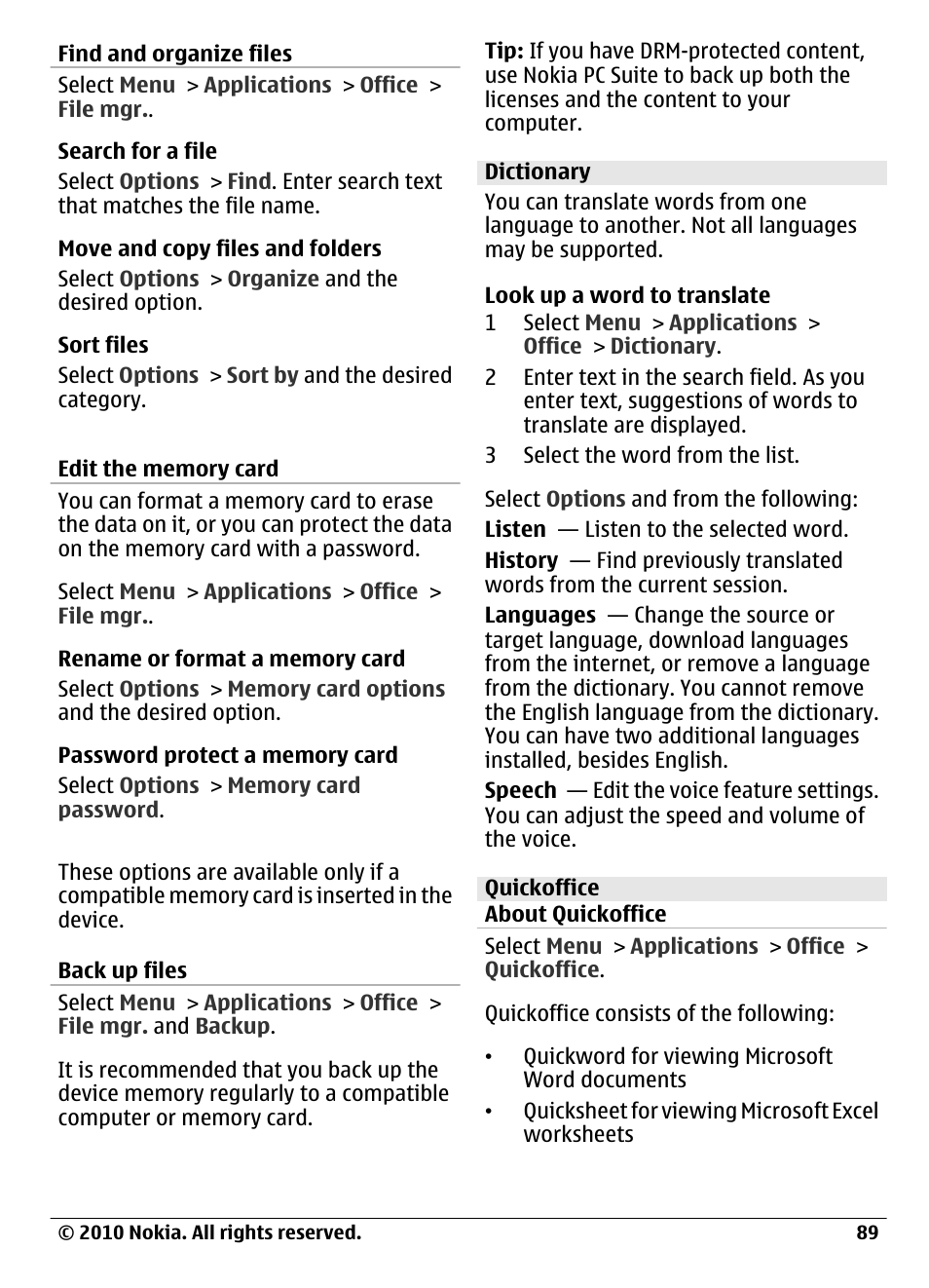Find and organize files, Edit the memory card, Back up files | Dictionary, Quickoffice, About quickoffice | Nokia C6-00 User Manual | Page 89 / 112