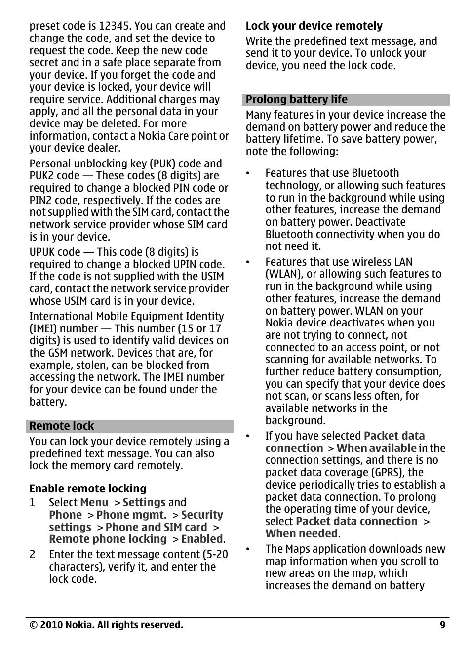 Remote lock, Prolong battery life | Nokia C6-00 User Manual | Page 9 / 112