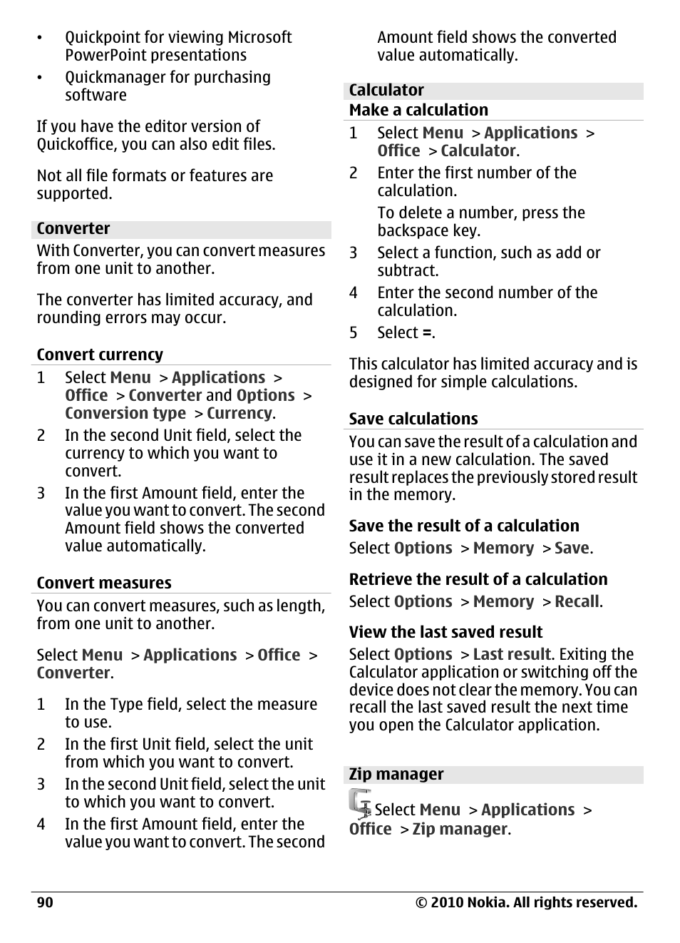Converter, Convert currency, Convert measures | Calculator, Make a calculation, Save calculations, Zip manager | Nokia C6-00 User Manual | Page 90 / 112