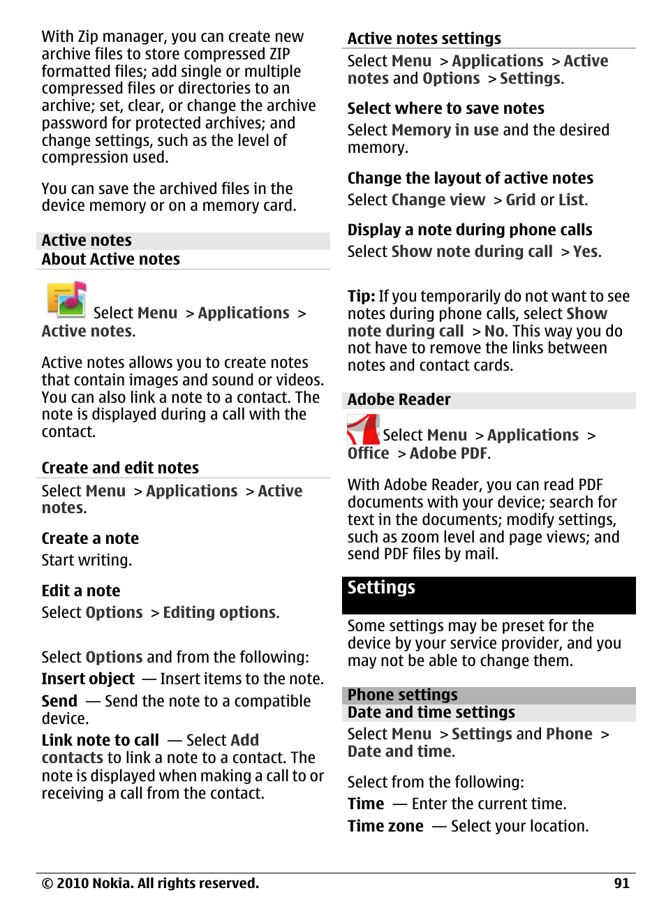 Active notes, About active notes, Create and edit notes | Active notes settings, Adobe reader, Settings, Phone settings, Date and time settings | Nokia C6-00 User Manual | Page 91 / 112