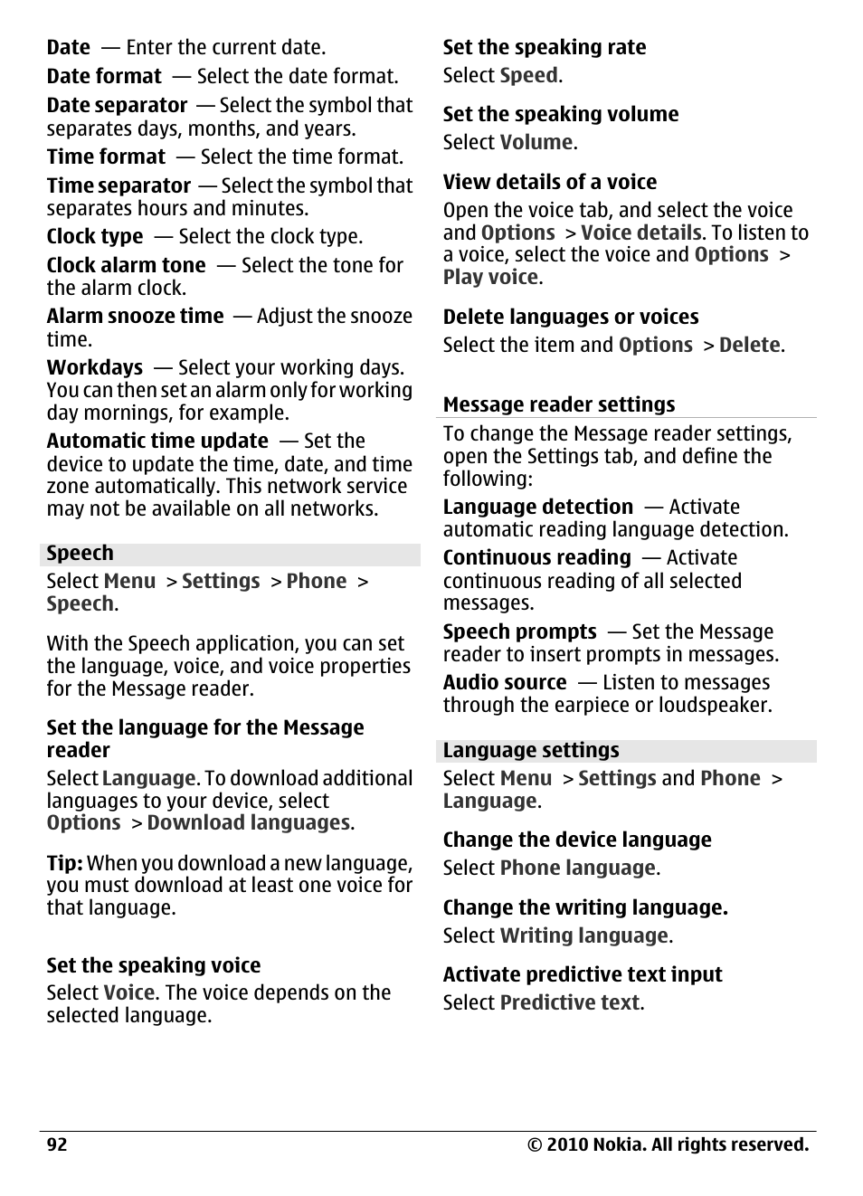 Speech, Language settings | Nokia C6-00 User Manual | Page 92 / 112