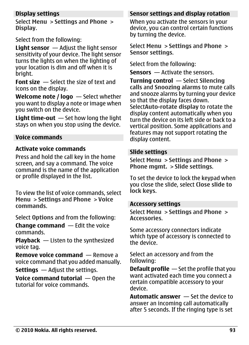 Display settings, Voice commands, Sensor settings and display rotation | Slide settings, Accessory settings | Nokia C6-00 User Manual | Page 93 / 112