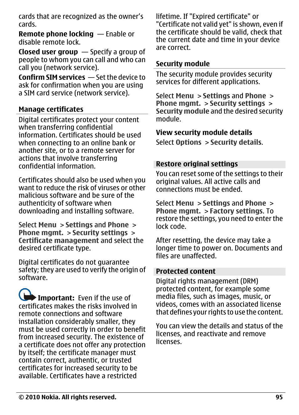 Manage certificates, Security module, Restore original settings | Protected content | Nokia C6-00 User Manual | Page 95 / 112