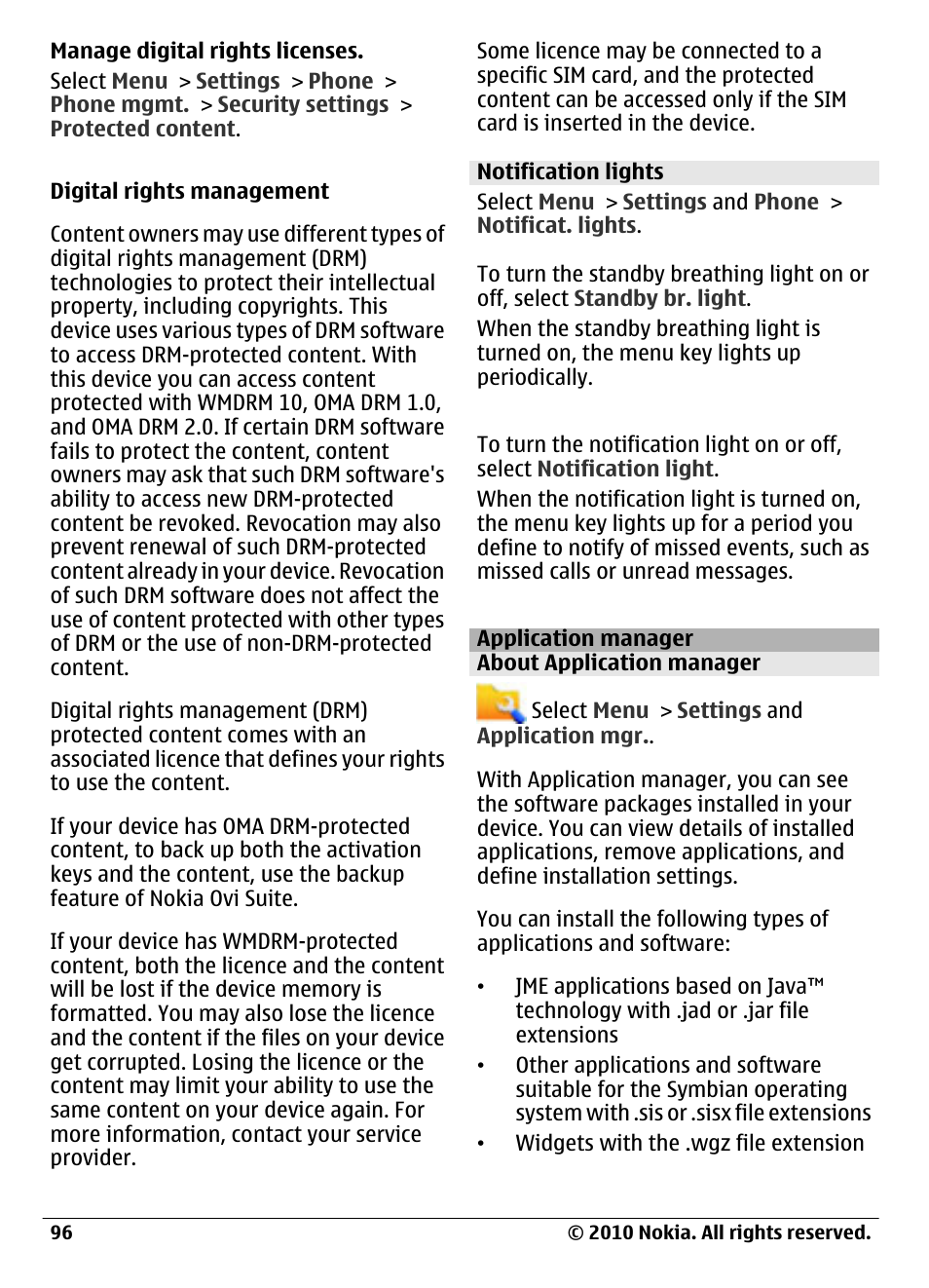 Notification lights, Application manager, About application manager | Nokia C6-00 User Manual | Page 96 / 112