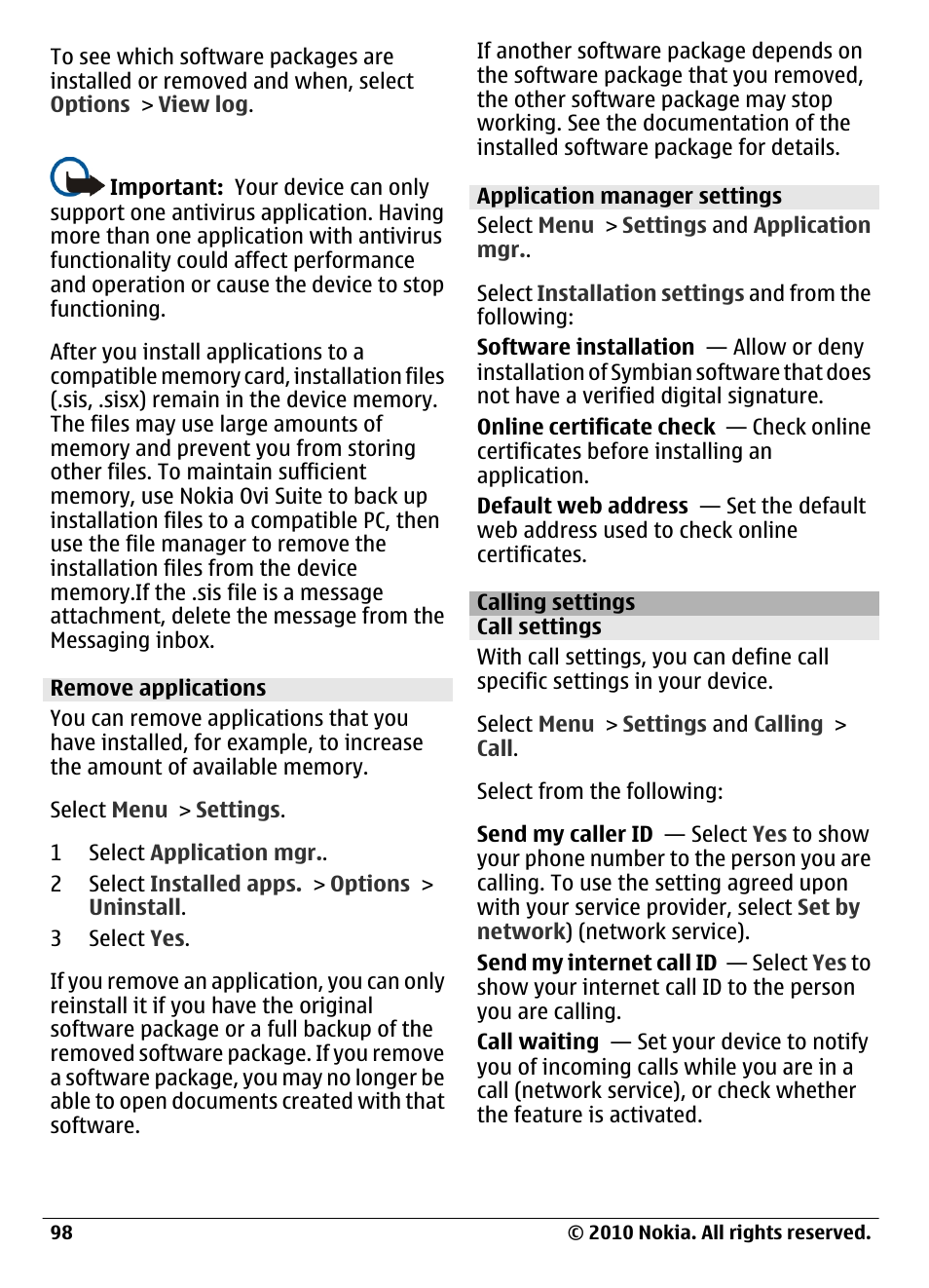 Remove applications, Application manager settings, Calling settings | Call settings | Nokia C6-00 User Manual | Page 98 / 112