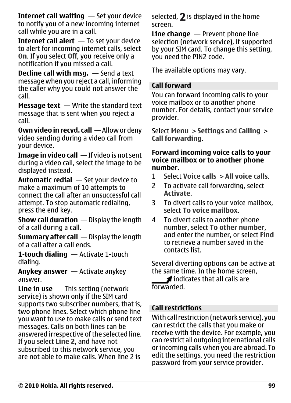 Call forward, Call restrictions | Nokia C6-00 User Manual | Page 99 / 112