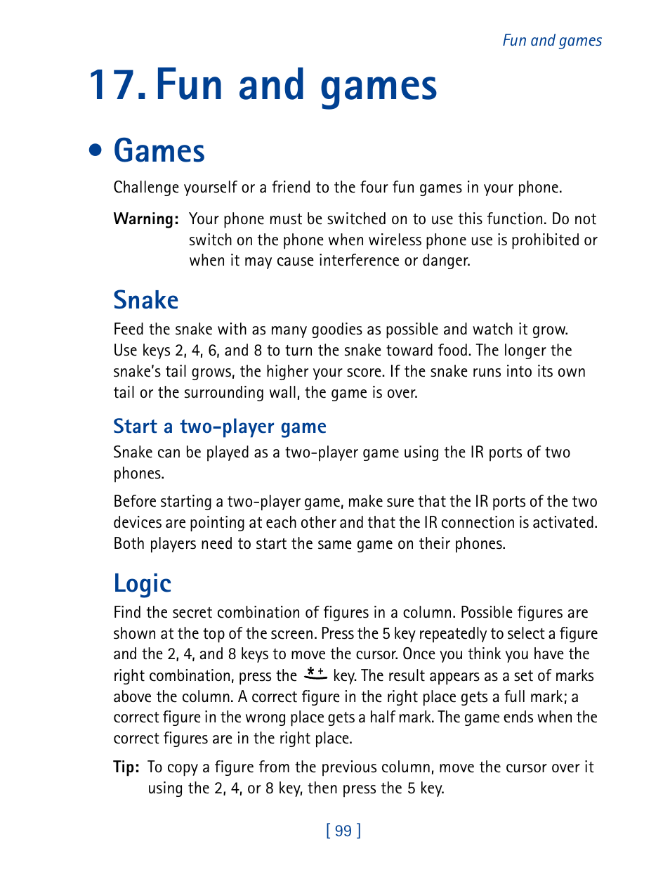 Fun and games, Games, Snake | Logic | Nokia 8890 User Manual | Page 108 / 141