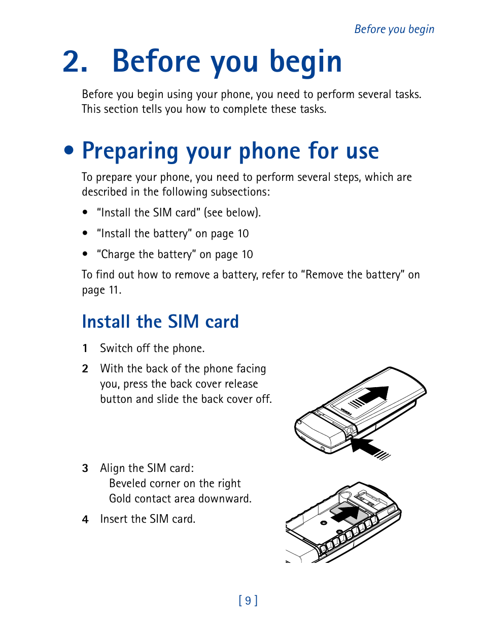 Before you begin, Preparing your phone for use, Install the sim card | Nokia 8890 User Manual | Page 18 / 141