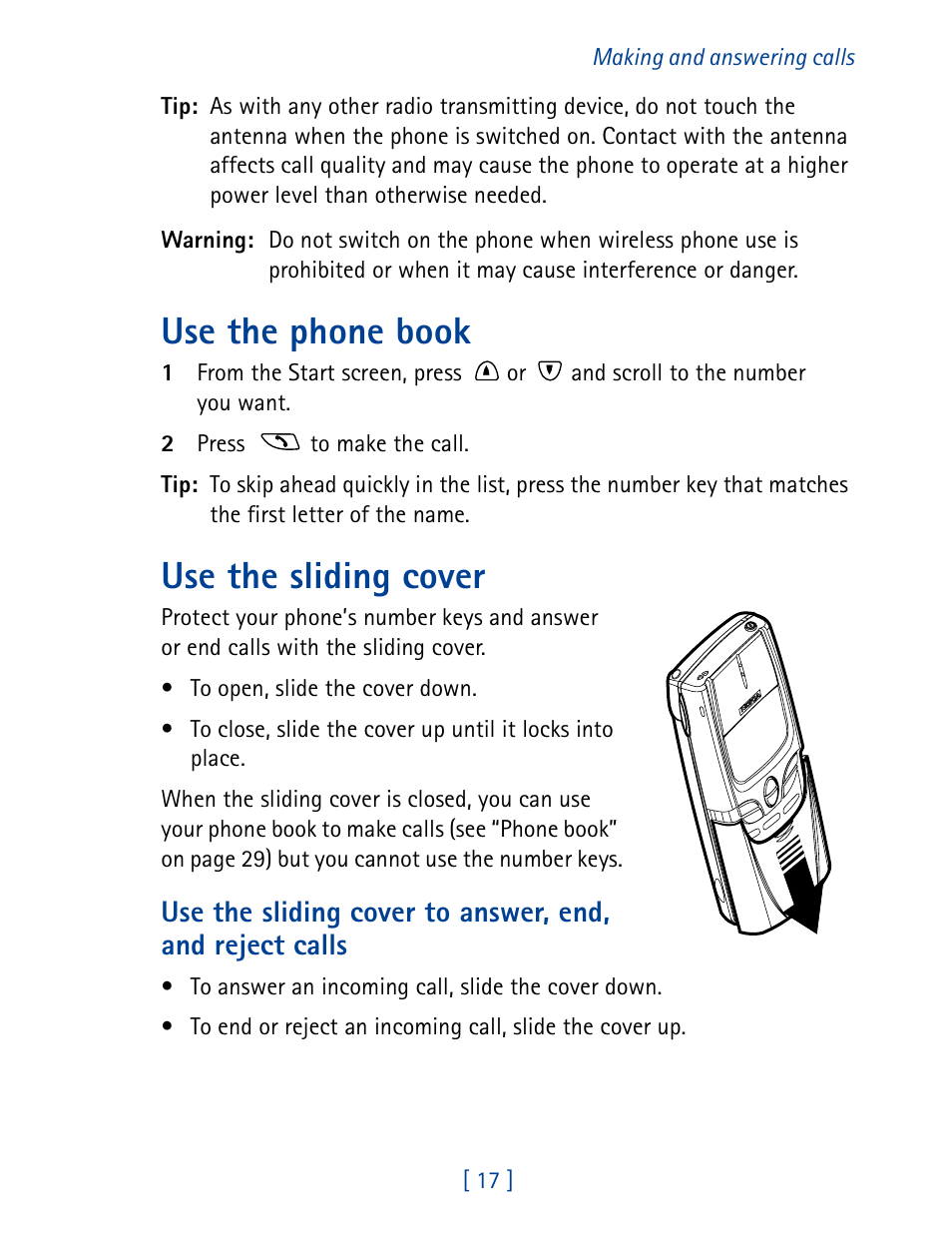 Use the phone book, Use the sliding cover | Nokia 8890 User Manual | Page 26 / 141