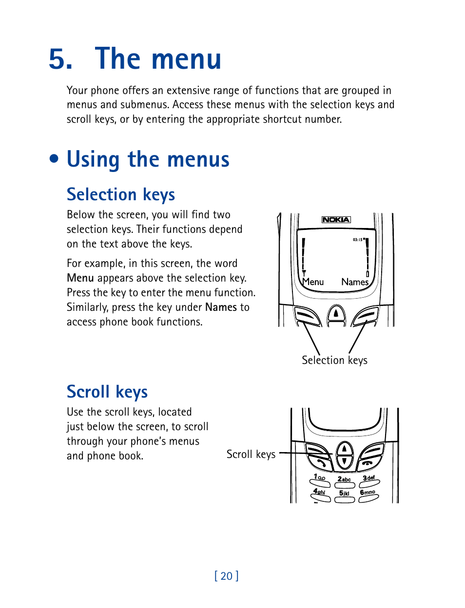 The menu, Using the menus, Selection keys | Scroll keys | Nokia 8890 User Manual | Page 29 / 141