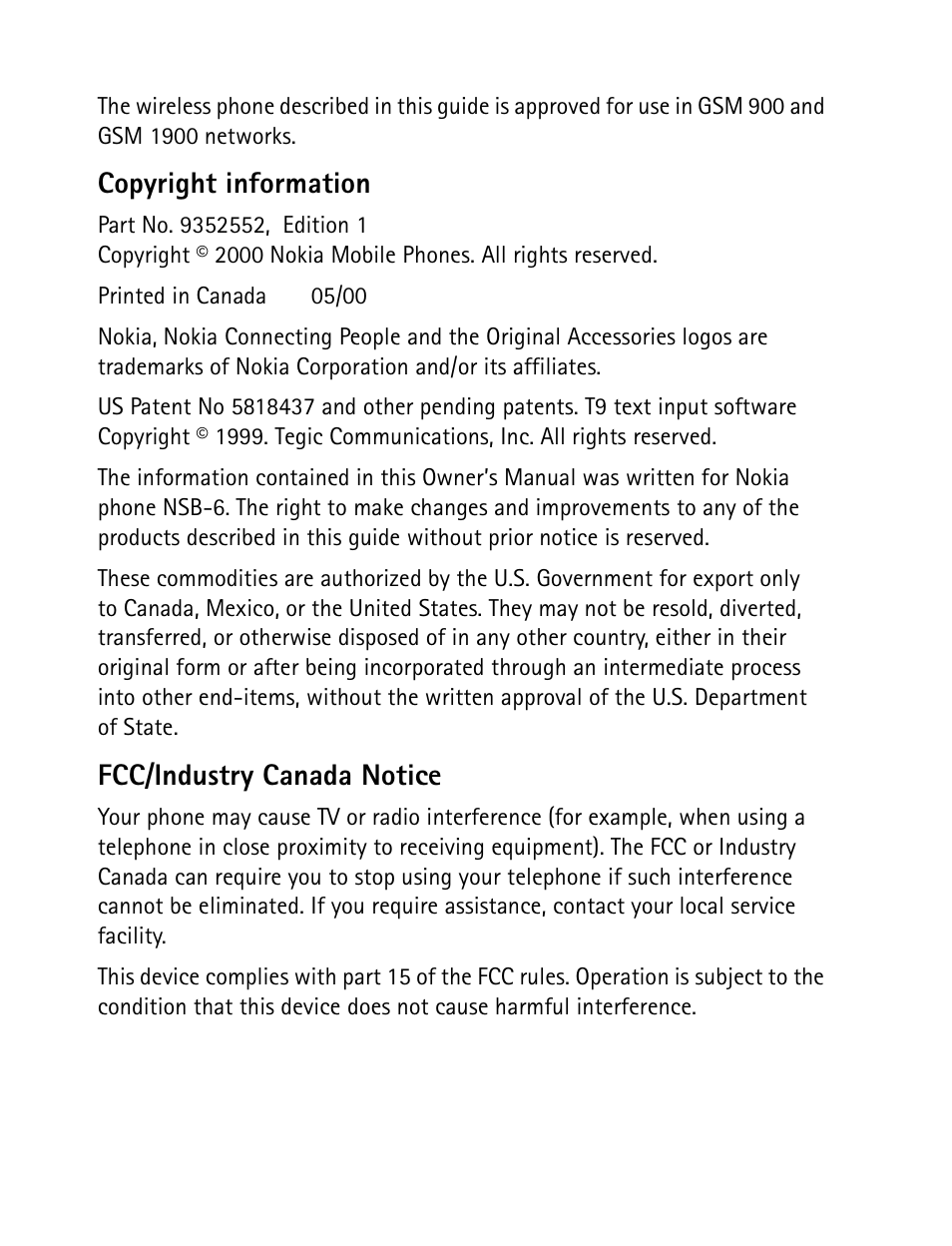 Copyright information, Fcc/industry canada notice | Nokia 8890 User Manual | Page 3 / 141