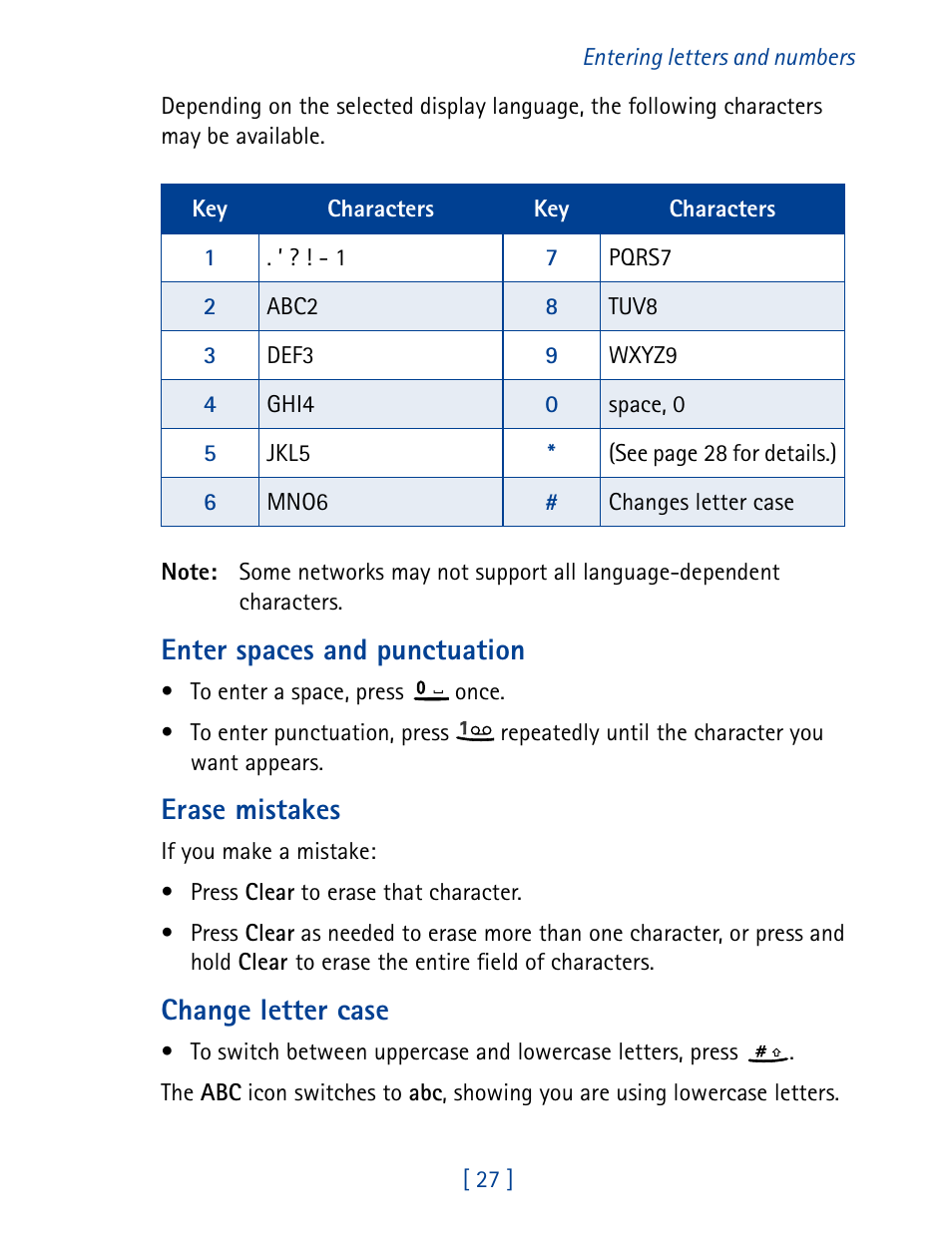 Enter spaces and punctuation, Erase mistakes, Change letter case | Nokia 8890 User Manual | Page 36 / 141