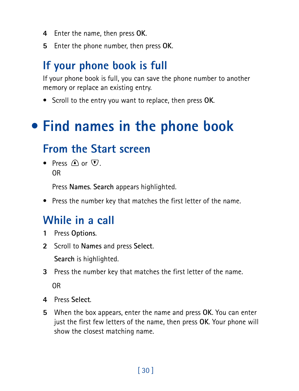 If your phone book is full, Find names in the phone book, From the start screen | While in a call | Nokia 8890 User Manual | Page 39 / 141