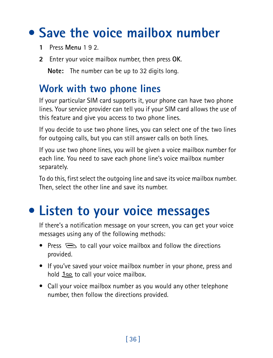 Save the voice mailbox number, Work with two phone lines, Listen to your voice messages | Nokia 8890 User Manual | Page 45 / 141