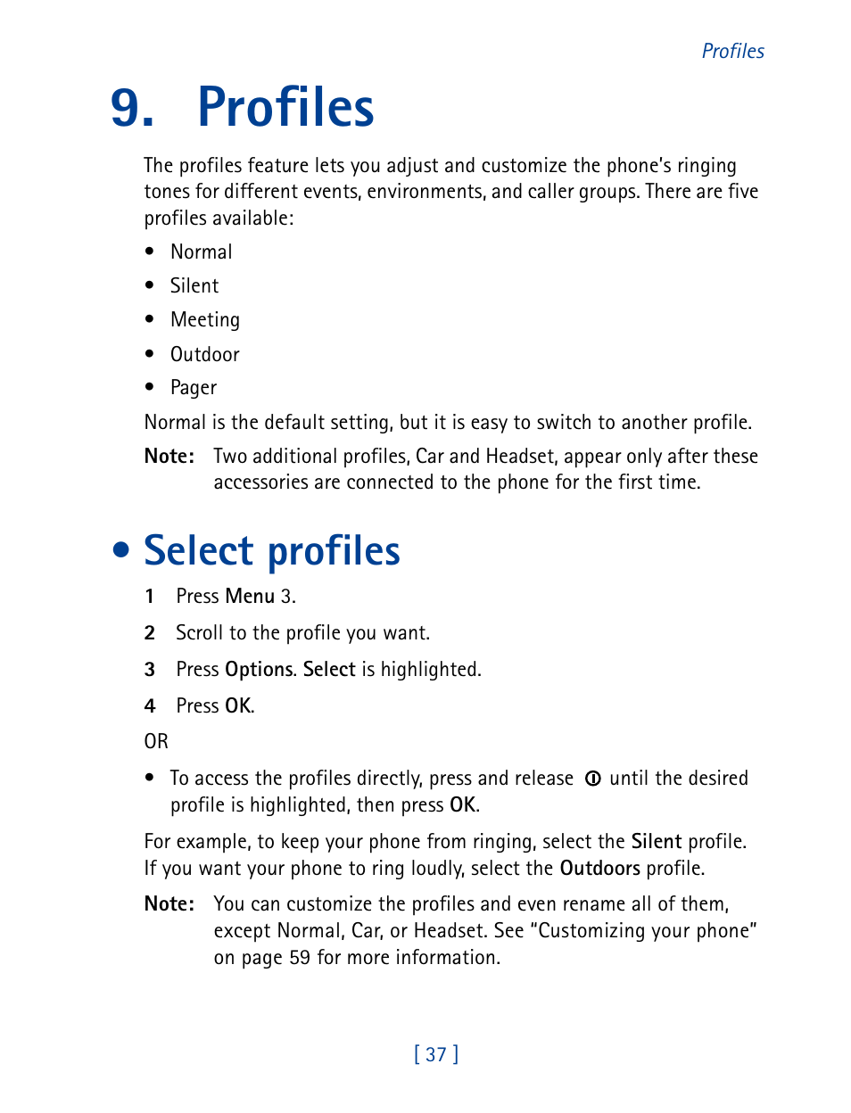 Profiles, Select profiles | Nokia 8890 User Manual | Page 46 / 141