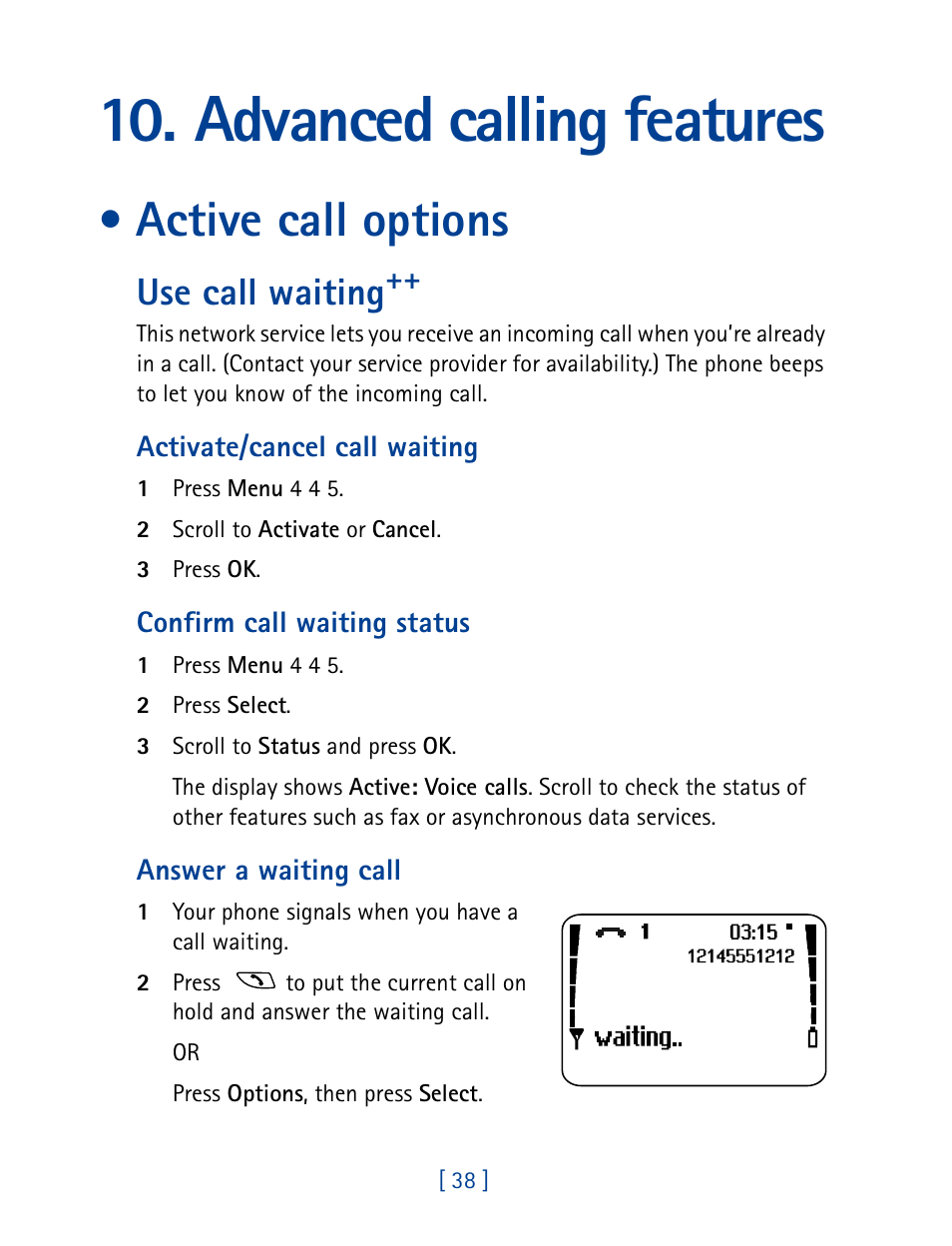 Advanced calling features, Active call options, Use call waiting | Nokia 8890 User Manual | Page 47 / 141