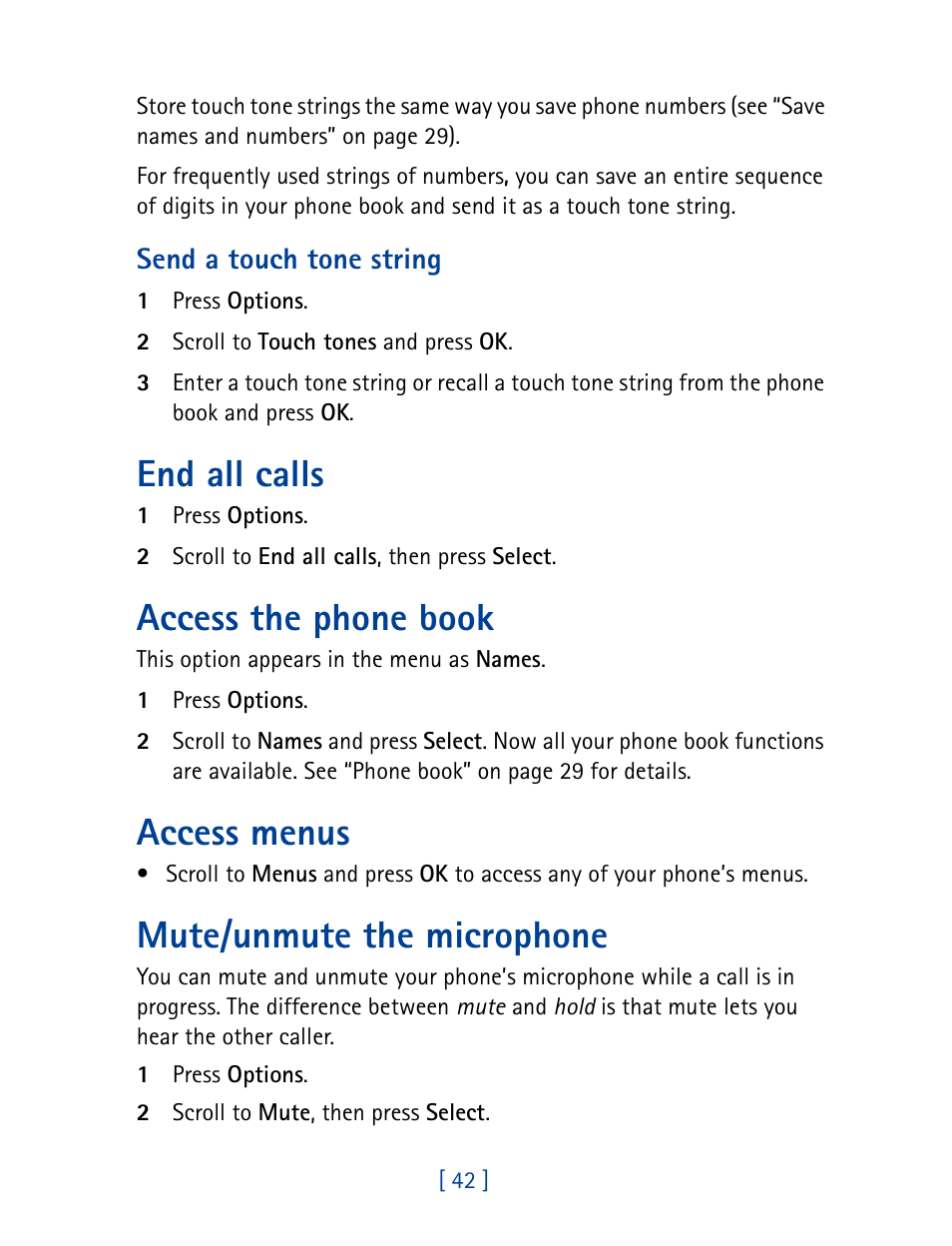 End all calls, Access the phone book, Access menus | Mute/unmute the microphone | Nokia 8890 User Manual | Page 51 / 141