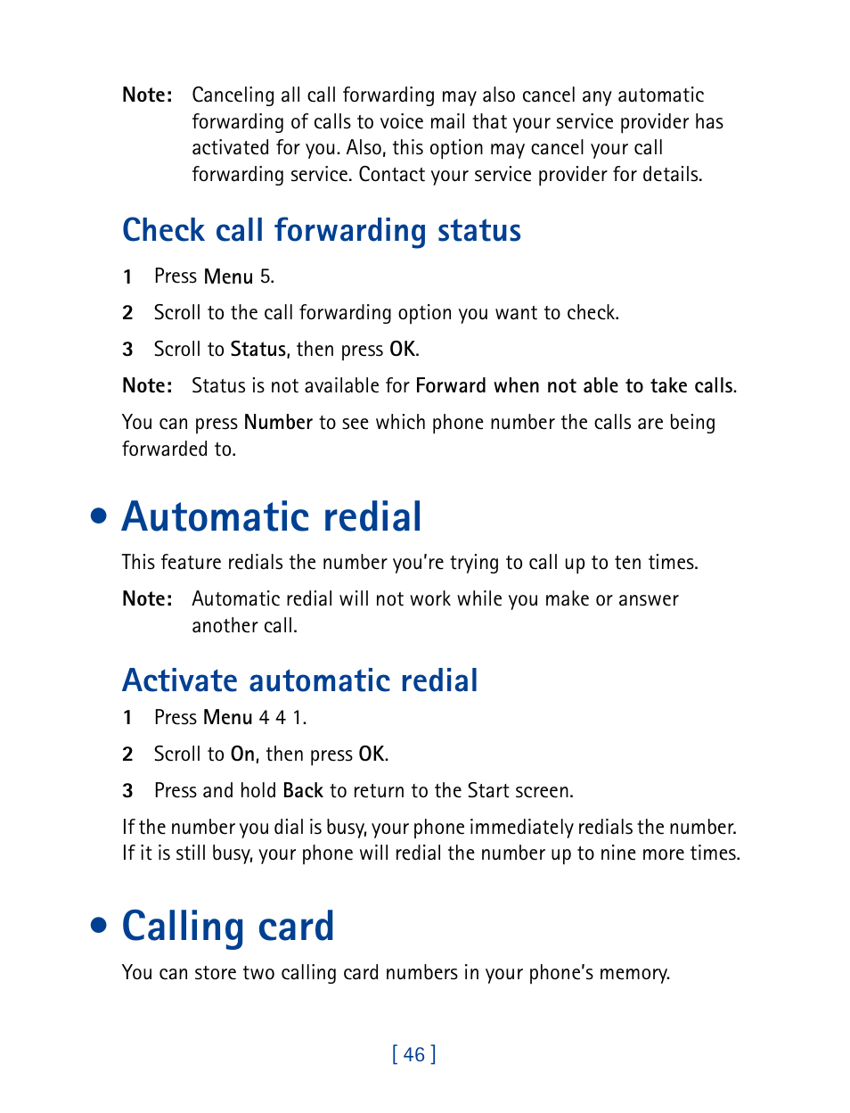 Check call forwarding status, Automatic redial, Activate automatic redial | Calling card | Nokia 8890 User Manual | Page 55 / 141