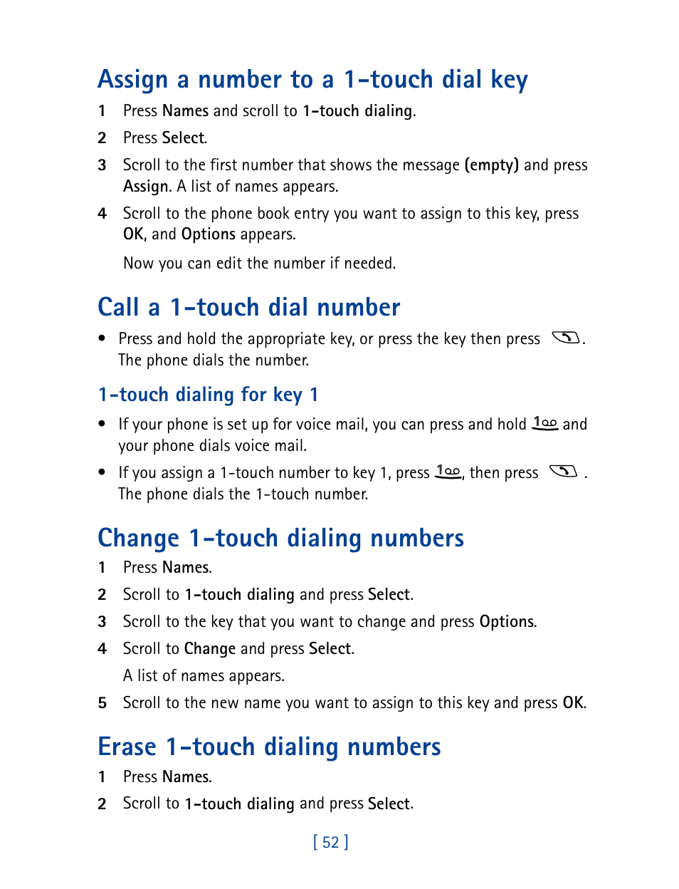 Assign a number to a 1-touch dial key, Call a 1-touch dial number, Change 1-touch dialing numbers | Erase 1-touch dialing numbers, Touch dialing for key 1 | Nokia 8890 User Manual | Page 61 / 141