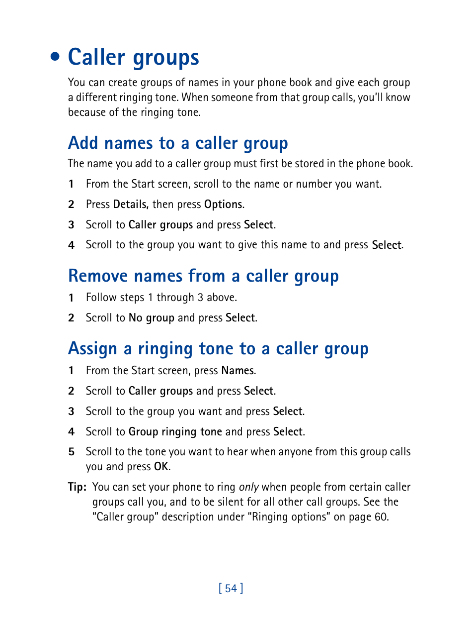 Caller groups, Add names to a caller group, Remove names from a caller group | Assign a ringing tone to a caller group | Nokia 8890 User Manual | Page 63 / 141